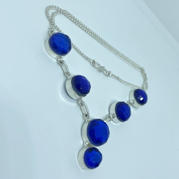 Sterling Silver Blue Faceted Gem Necklace – Artisan Made, 18” Statement - Picture 16 of 17